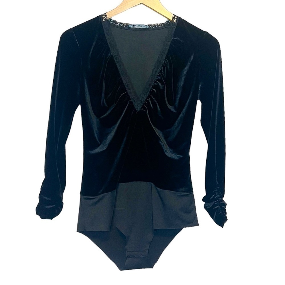 Zara Velvet V-Neck Plunge Bodysuit Long Sleeve Medium